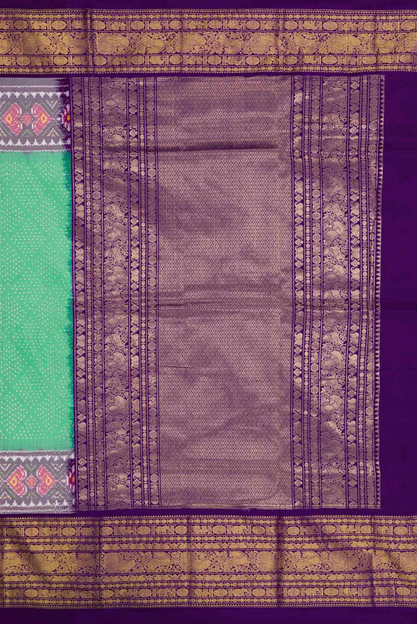 Close up image of the pallu of Sea Green Pochampally Silk Saree with Pure Ikat on the body and Zari Border