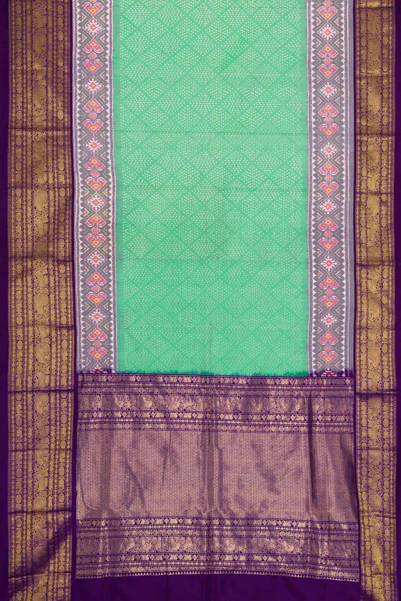 Flat view of Sea Green Pochampally Silk Saree with Pure Ikat on the body and Zari Border