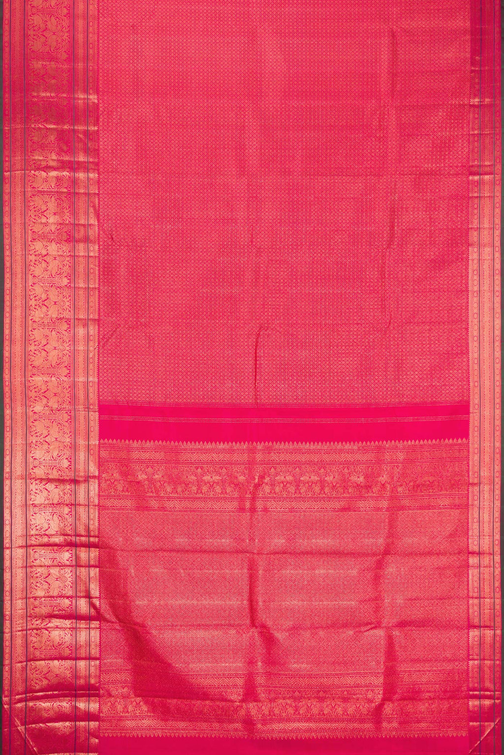 Flat view of Pink Dual Tone Kanchipuram Silk Saree with Zari Brocade on the body and Zari Border. 