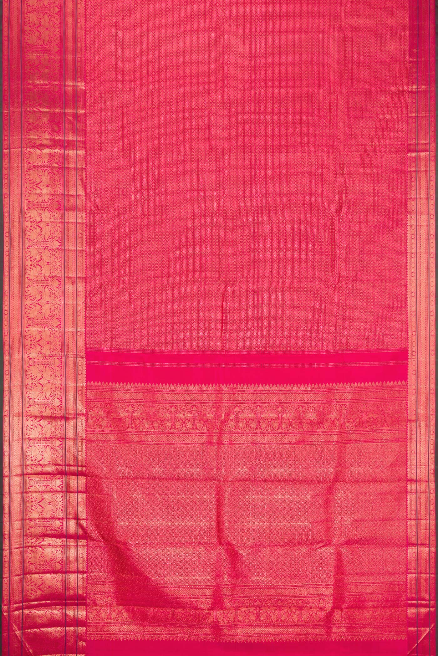 Flat view of Pink Dual Tone Kanchipuram Silk Saree with Zari Brocade on the body and Zari Border. 