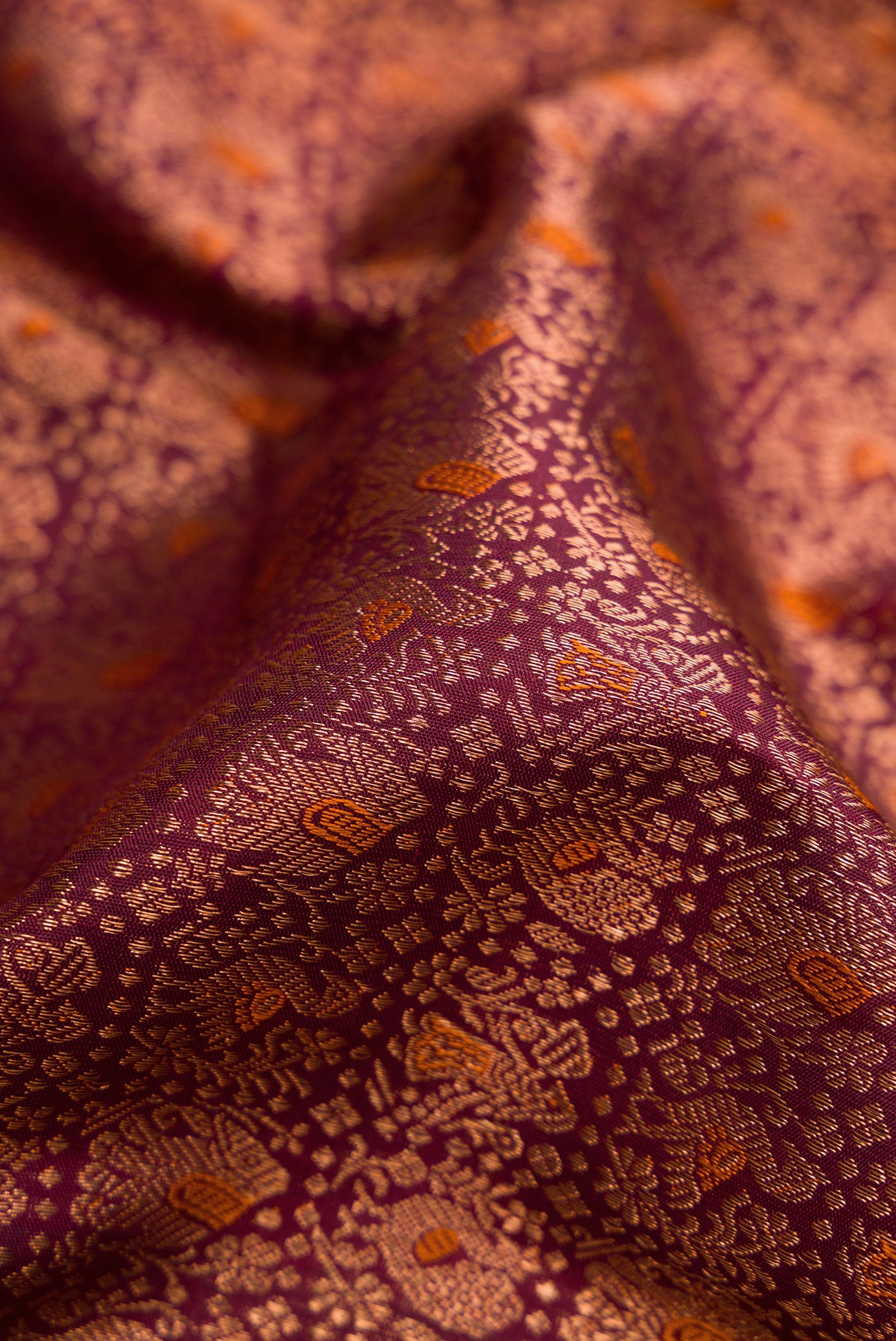 Close up of Coffee Brown Dual Tone Kanchipuram Silk Saree with Zari Brocade on the body and Fancy Border.  displaying folds