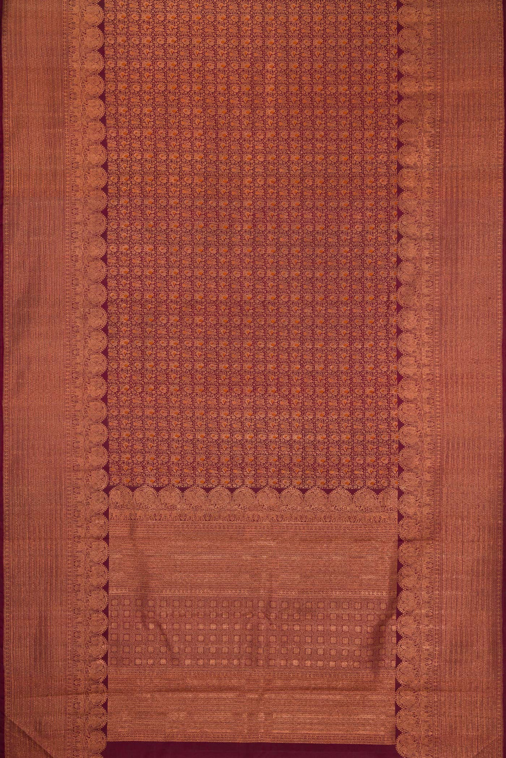 Flat view of Coffee Brown Dual Tone Kanchipuram Silk Saree with Zari Brocade on the body and Fancy Border. 