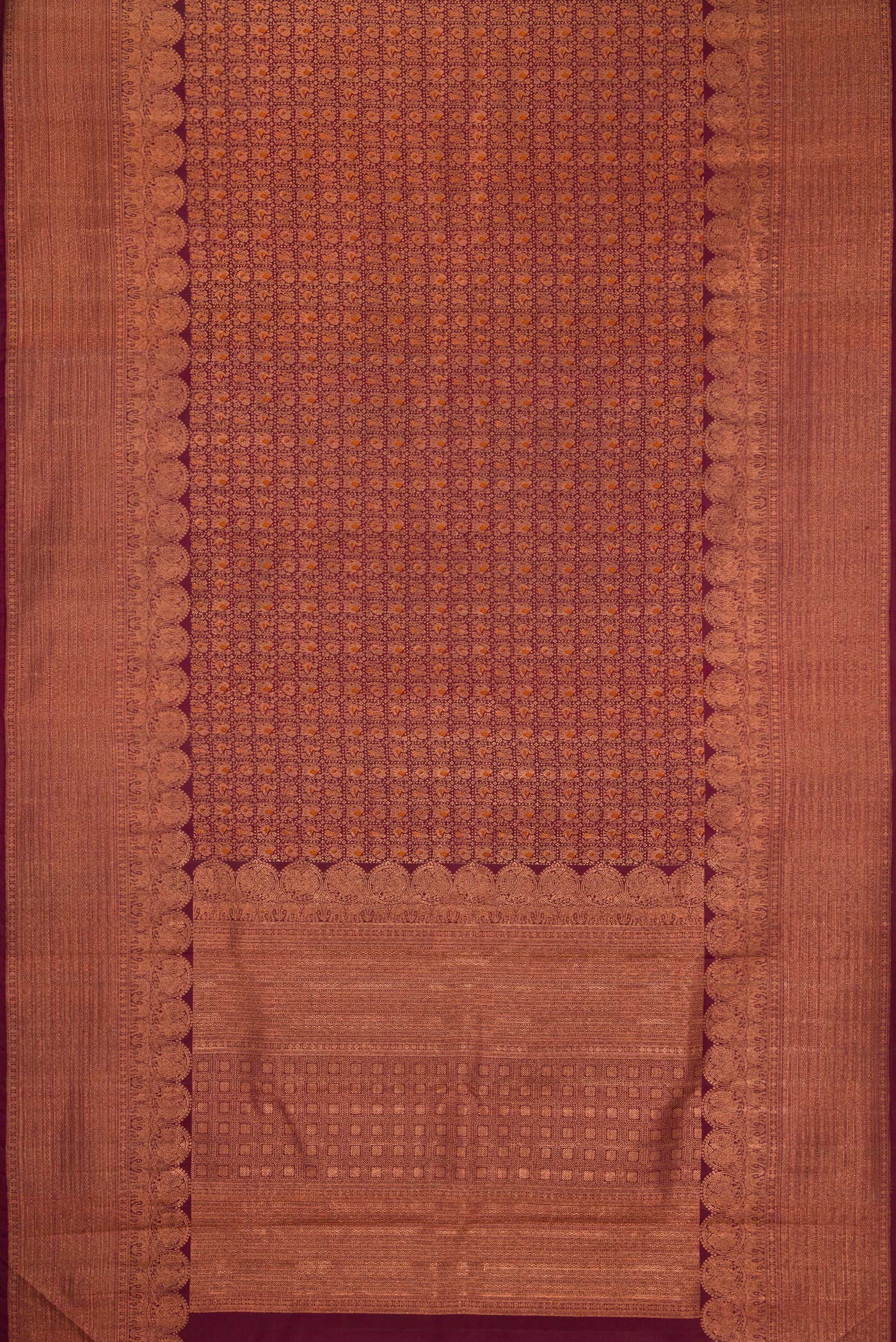Flat view of Coffee Brown Dual Tone Kanchipuram Silk Saree with Zari Brocade on the body and Fancy Border. 