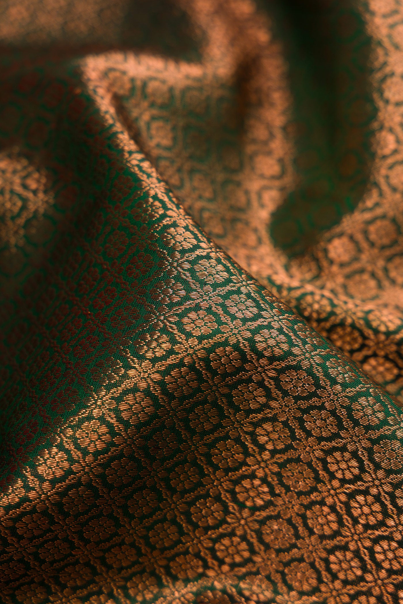 Close up of Bottle Green Dual Tone Kanchipuram Silk Saree with Zari Brocade on the body and Fancy Border.  displaying folds