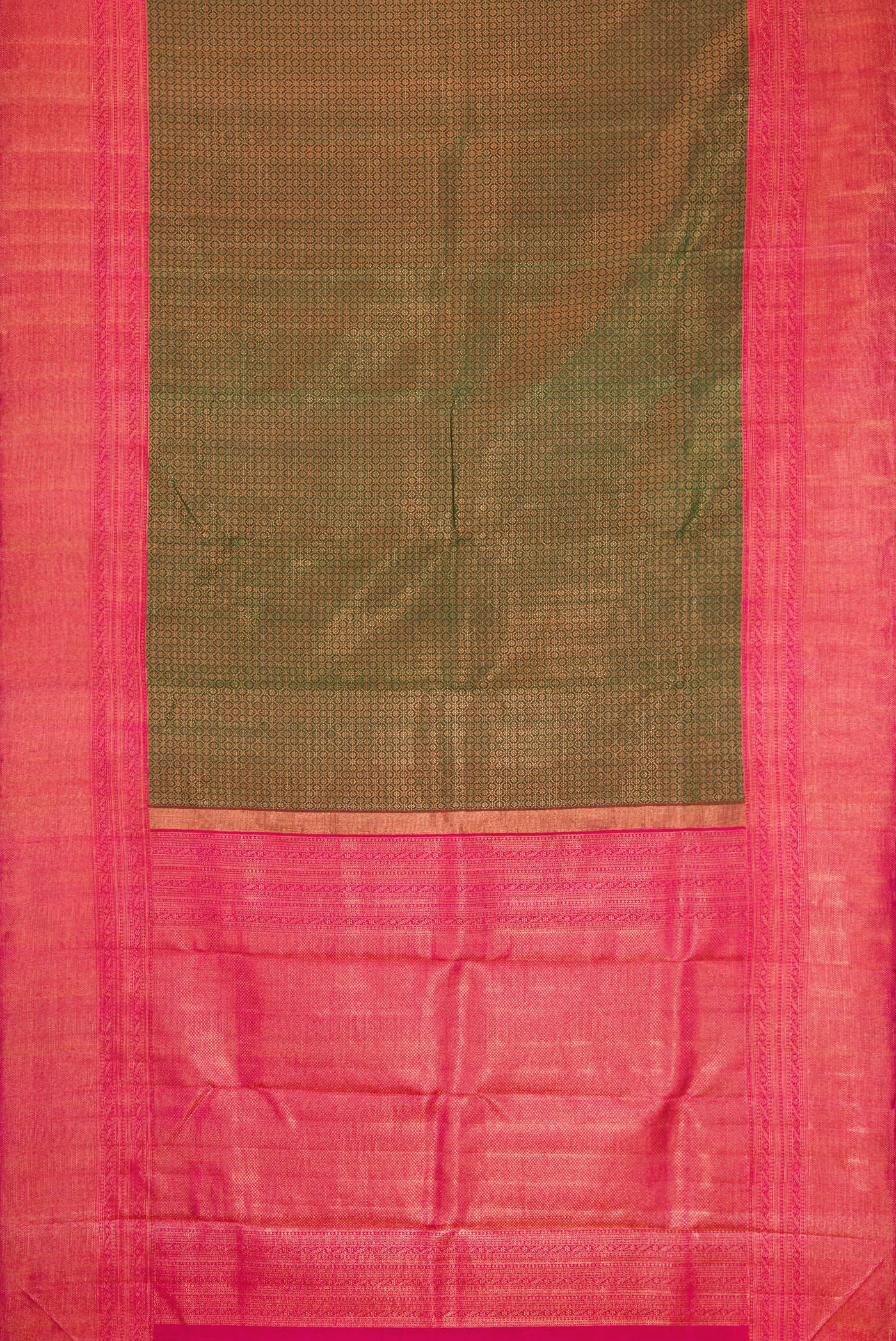 Flat view of Bottle Green Dual Tone Kanchipuram Silk Saree with Zari Brocade on the body and Fancy Border. 
