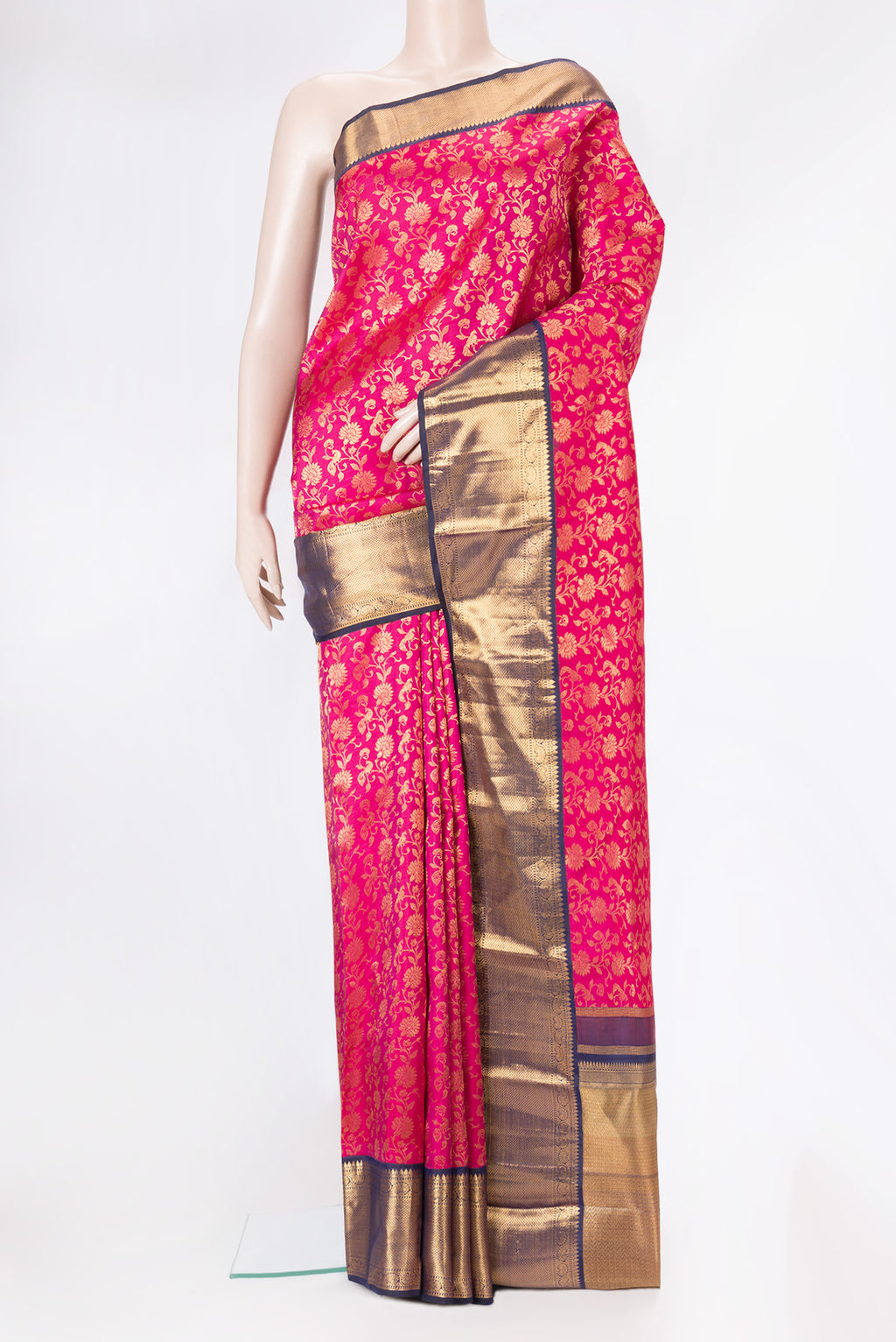 Pink Dual Tone Kanchipuram Silk Saree with Zari Brocade on the body and Zari Border.  displayed on a mannequin