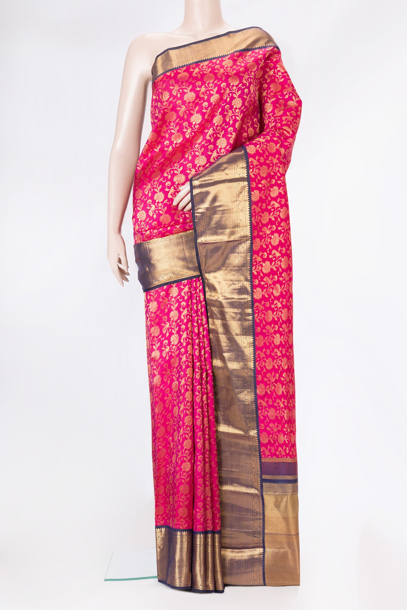 Pink Dual Tone Kanchipuram Silk Saree with Zari Brocade on the body and Zari Border.  displayed on a mannequin