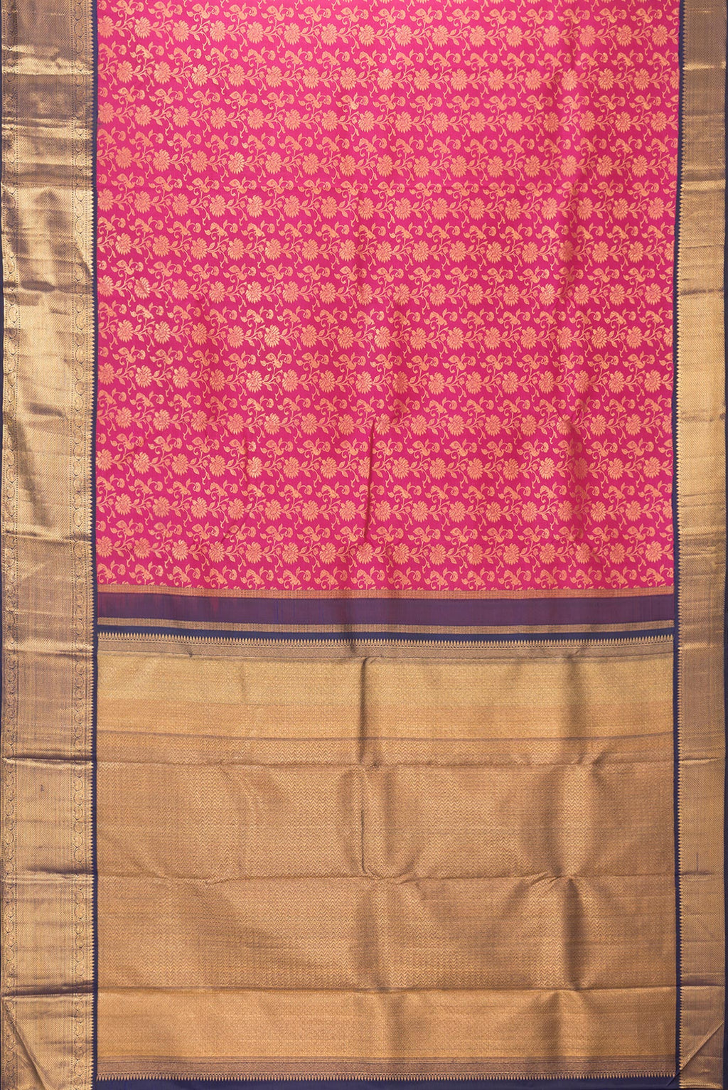 Flat view of Pink Dual Tone Kanchipuram Silk Saree with Zari Brocade on the body and Zari Border. 