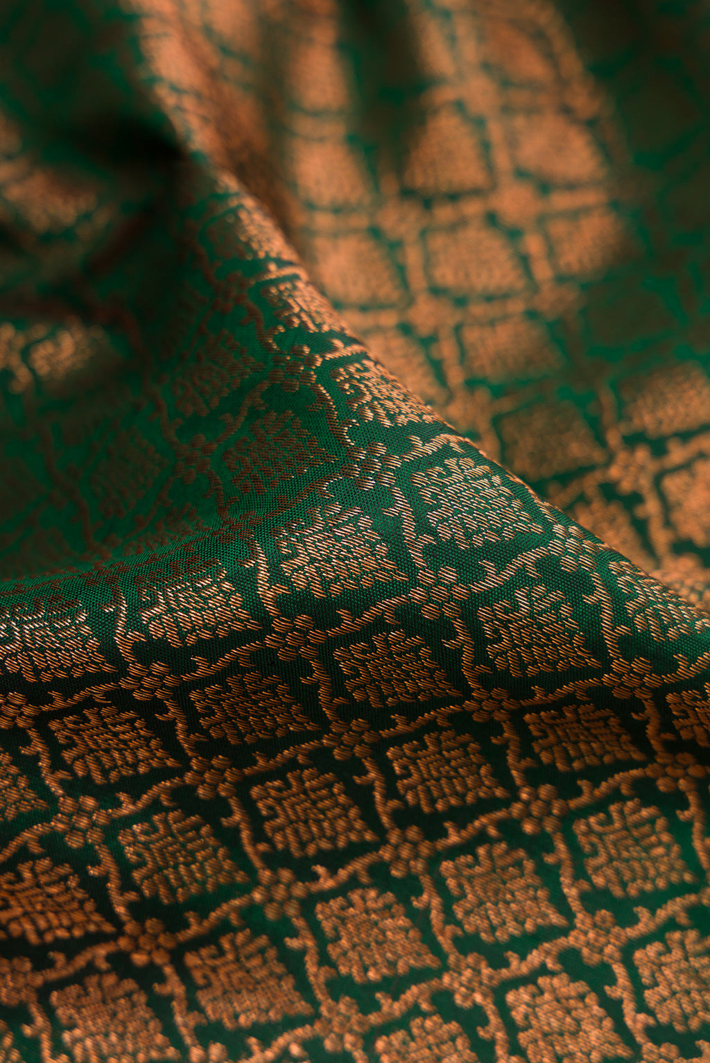 Close up of Bottle Green Dual Tone Kanchipuram Silk Saree with Zari Brocade on the body and Zari Border.  displaying folds