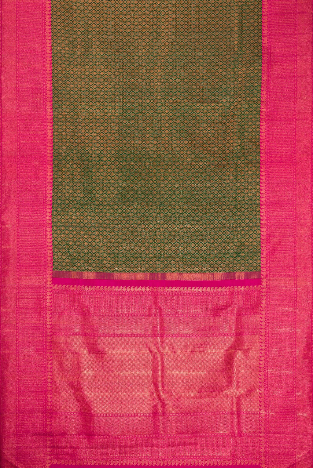 Flat view of Bottle Green Dual Tone Kanchipuram Silk Saree with Zari Brocade on the body and Zari Border. 