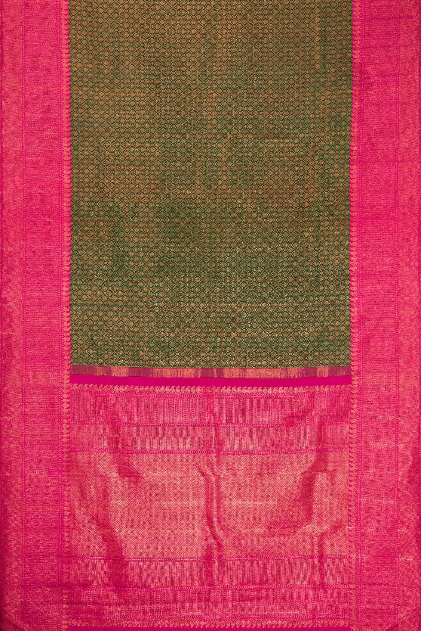 Flat view of Bottle Green Dual Tone Kanchipuram Silk Saree with Zari Brocade on the body and Zari Border. 