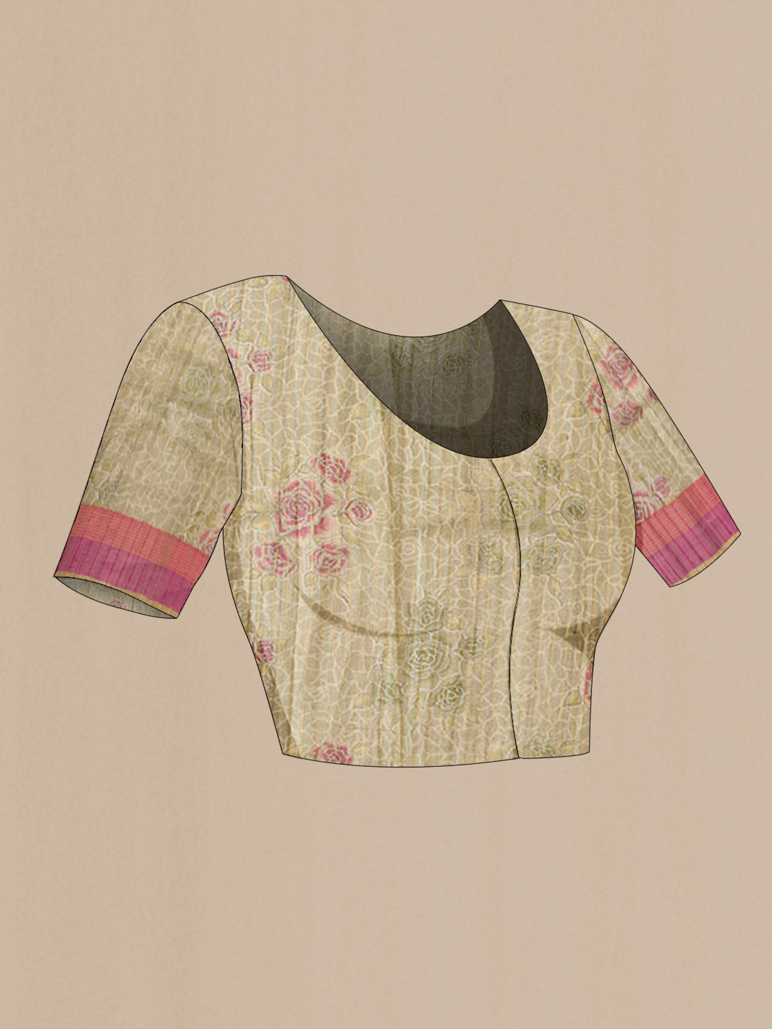 Close up image of the blouse of Beige Tussar Silk Saree with Printed design on the body and Zari Border