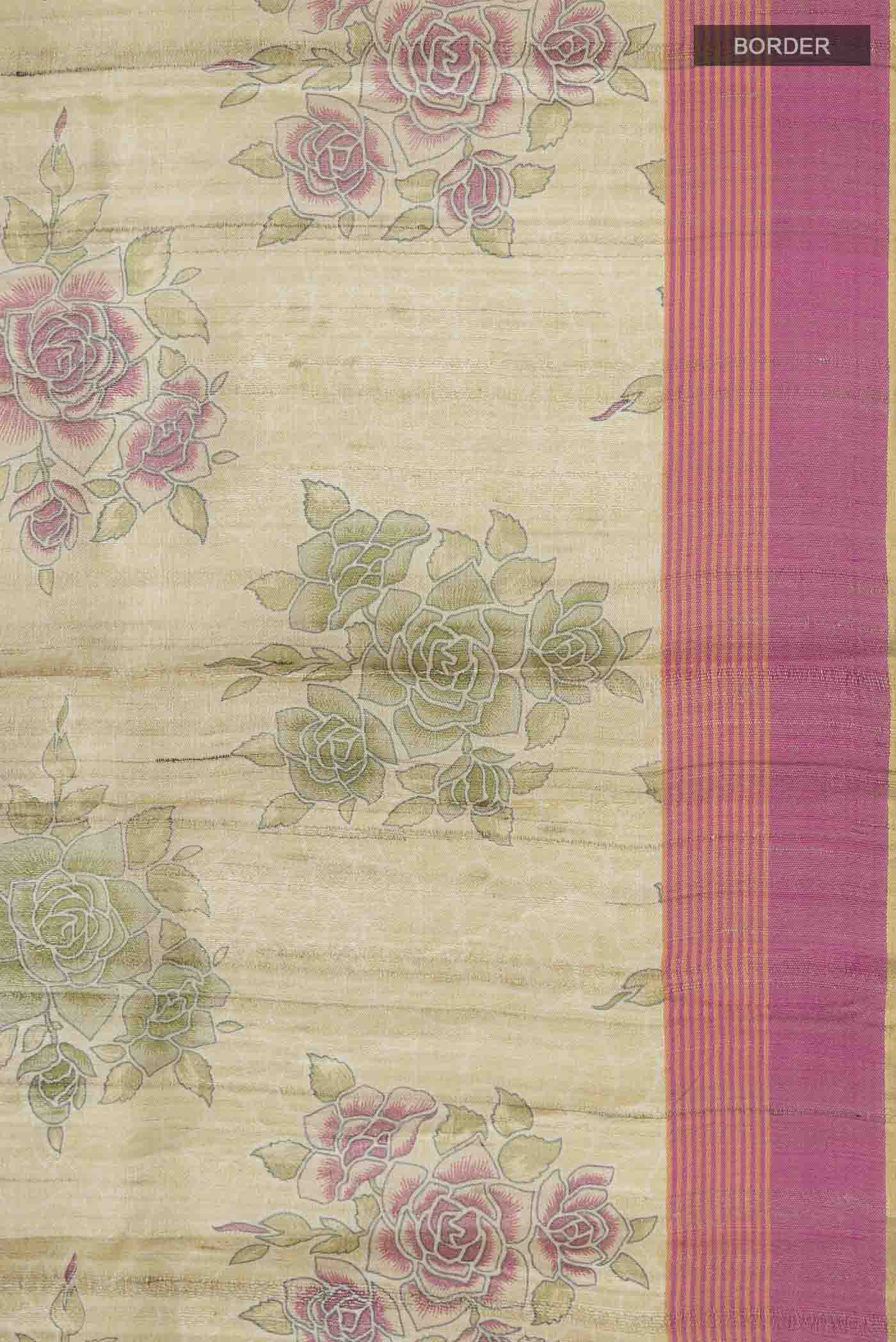 Border image of Beige Tussar Silk Saree with Printed design on the body and Zari Border