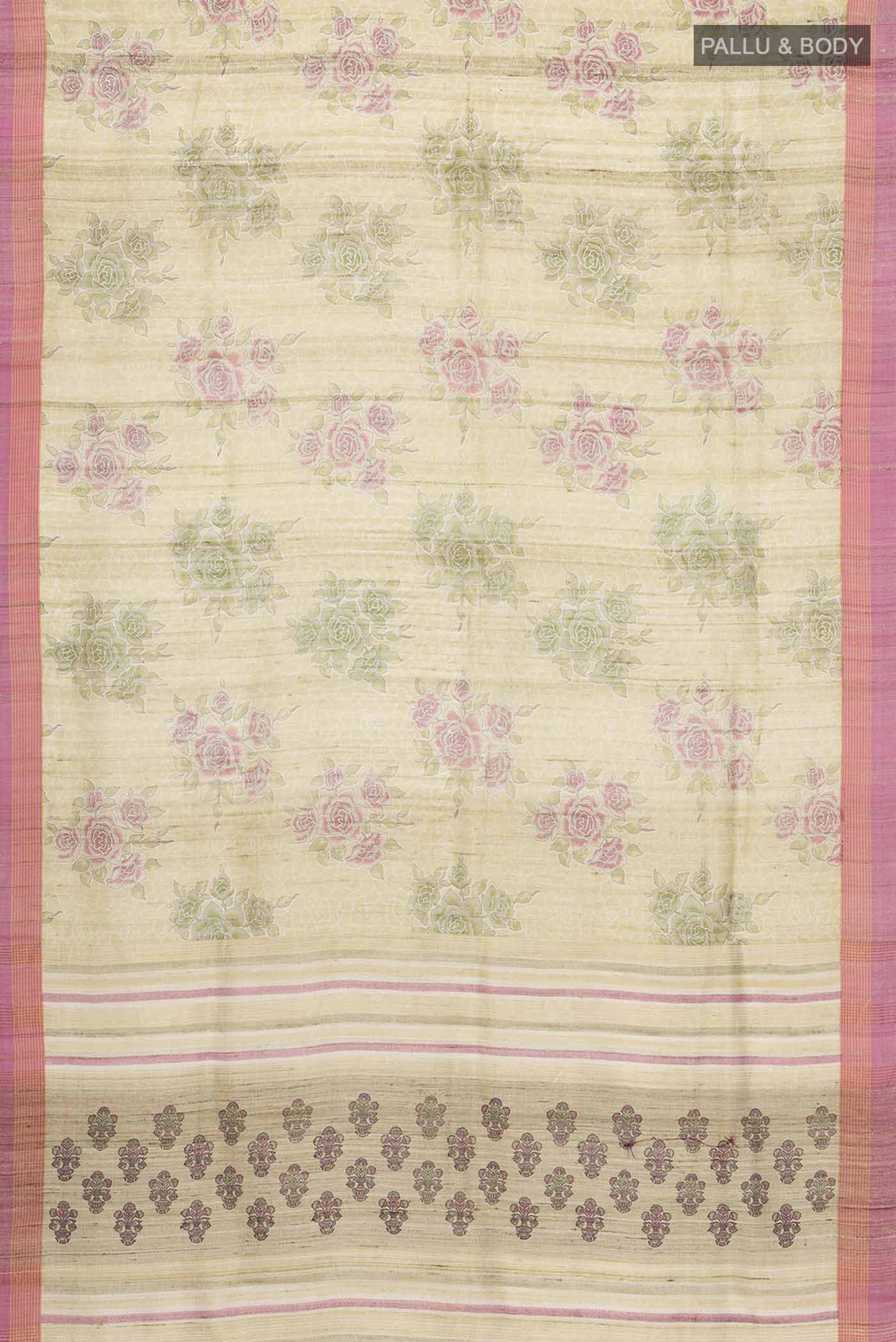 Flat view of Beige Tussar Silk Saree with Printed design on the body and Zari Border