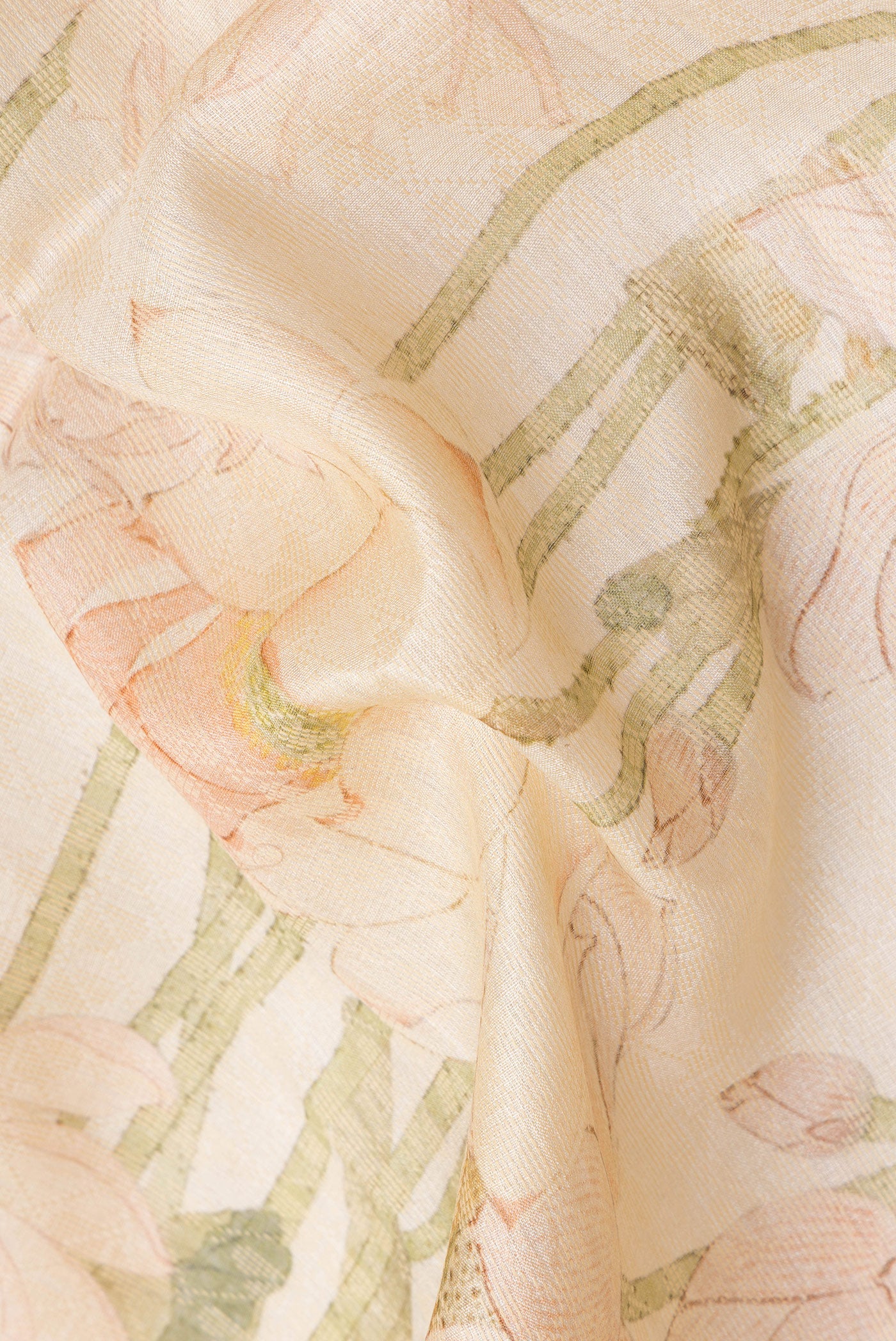 Close up of Beige Dual Tone Tussar Silk Saree with Printed design on the body and Zari Border.  displaying folds