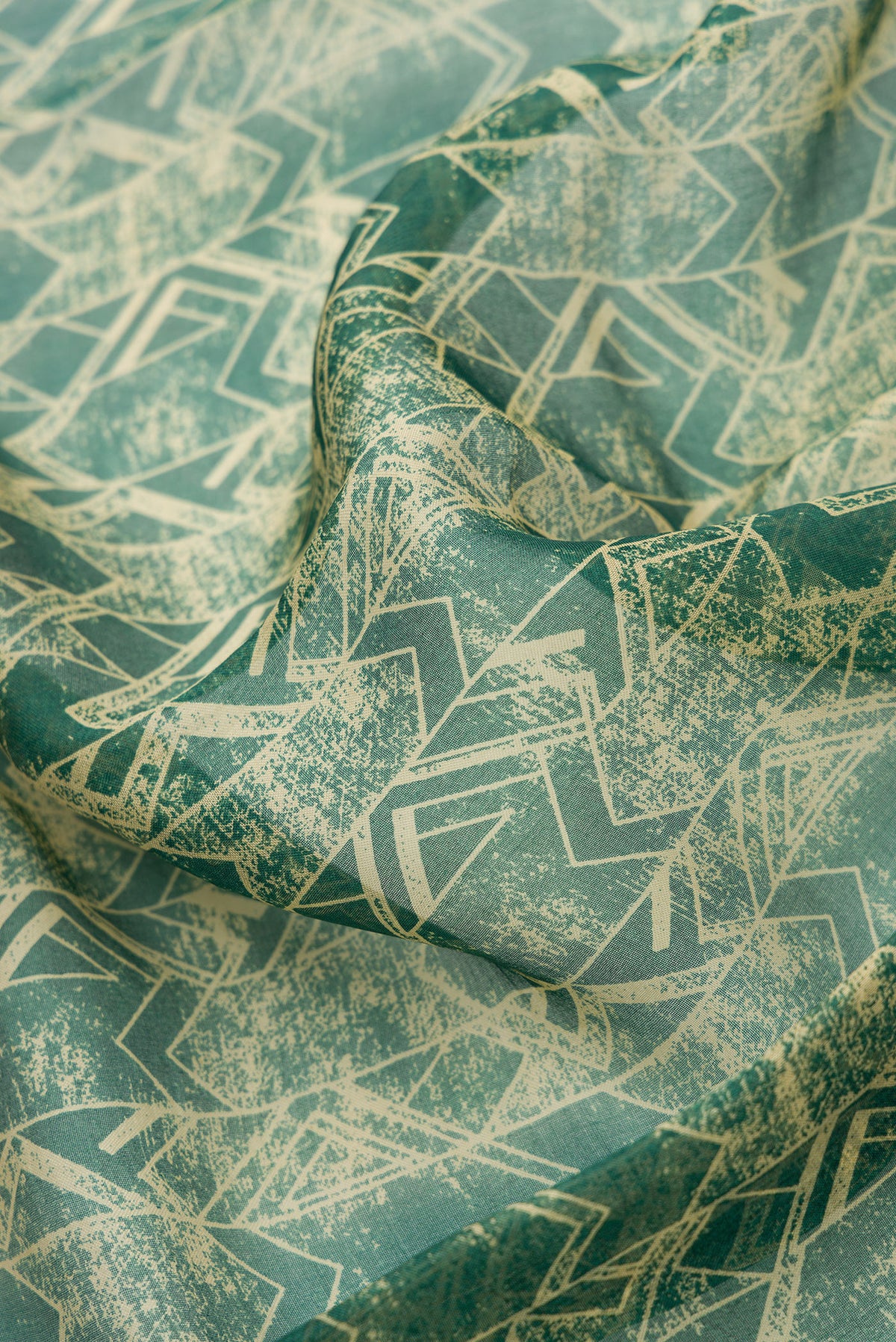 Close up of Green Dual Tone Organza Silk Saree with Printed design on the body and Zari Border.  displaying folds