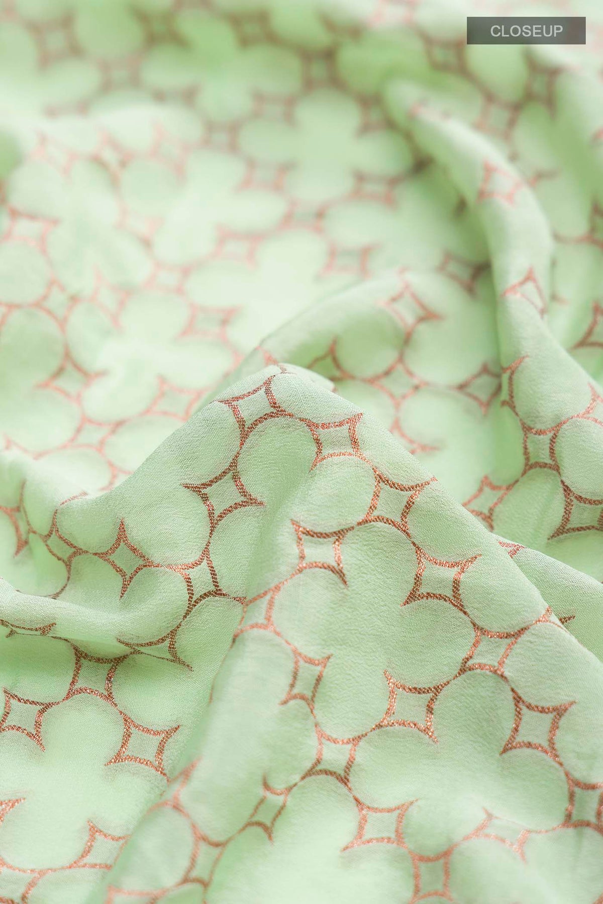 Close up of Green Banarasi Georgette Saree with Zari Butta on the body and Zari Border displaying folds