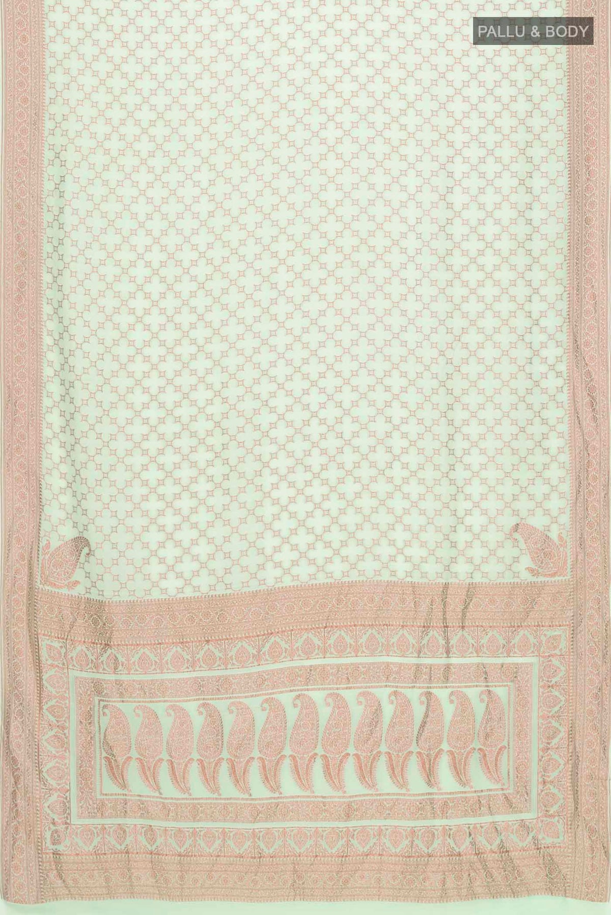 Flat view of Green Banarasi Georgette Saree with Zari Butta on the body and Zari Border