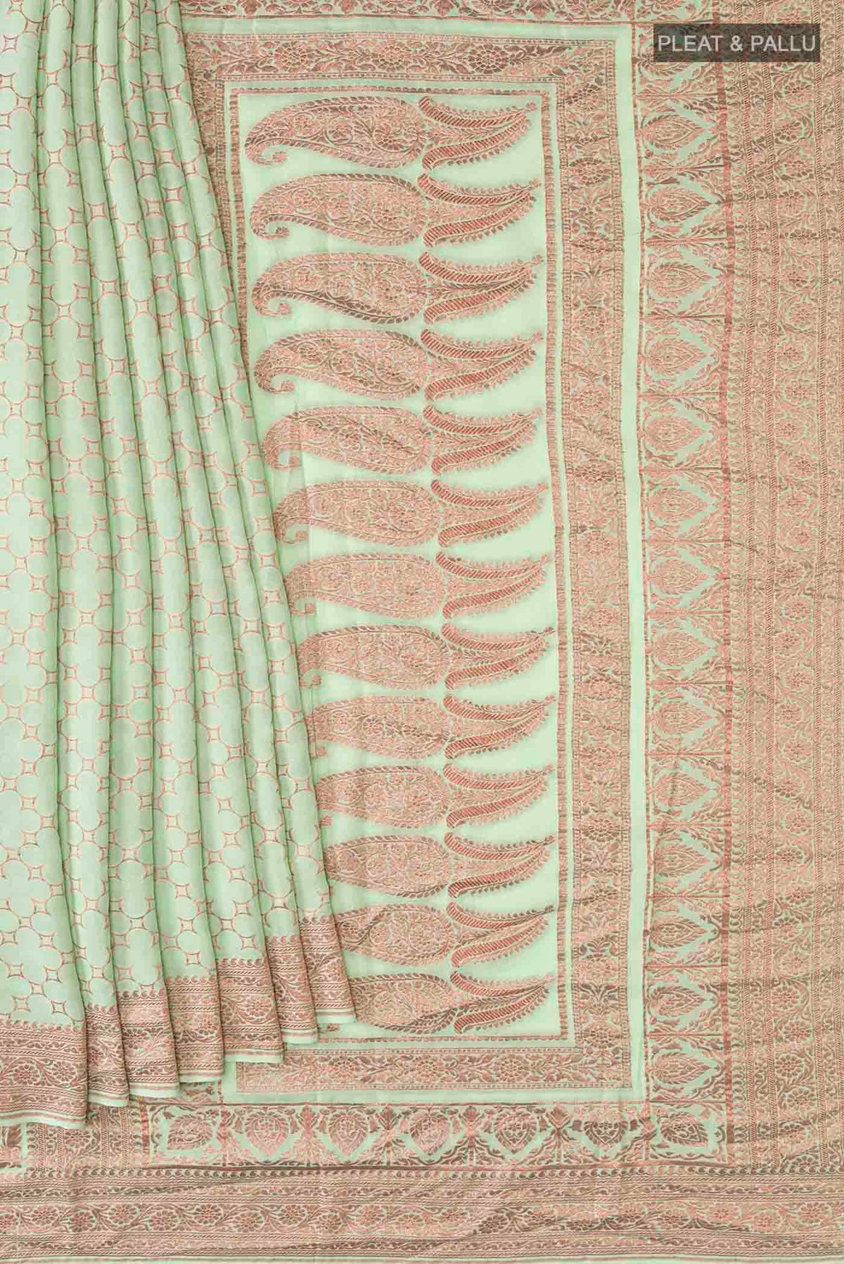 Pleats and pallu of Green Banarasi Georgette Saree with Zari Butta on the body and Zari Border