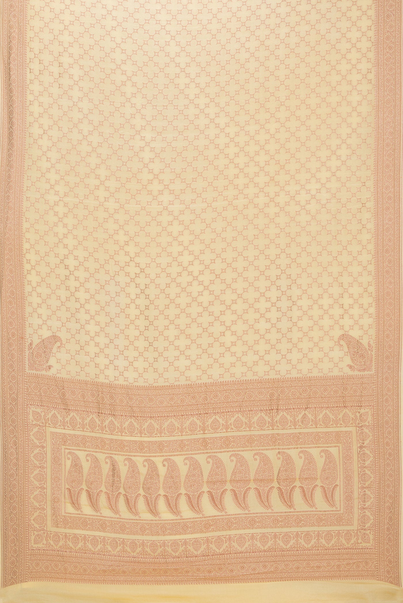 Flat view of Sandal Banarasi Georgette Saree with Zari Brocade on the body and Zari Border. 
