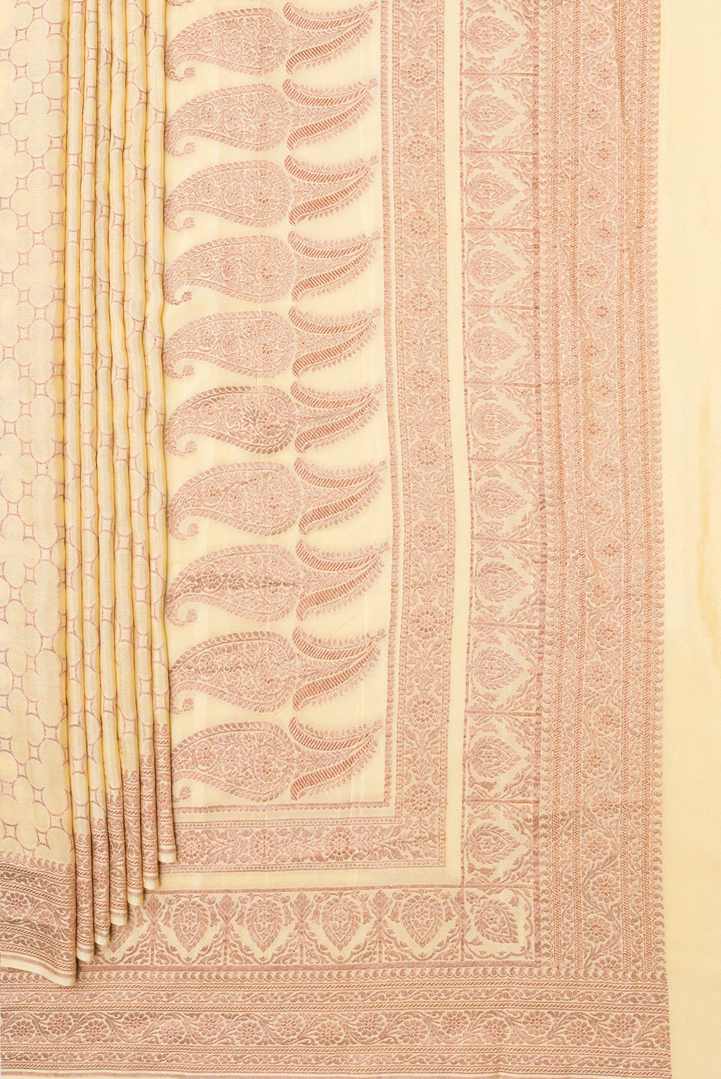 Pleats and pallu of Sandal Banarasi Georgette Saree with Zari Brocade on the body and Zari Border. 