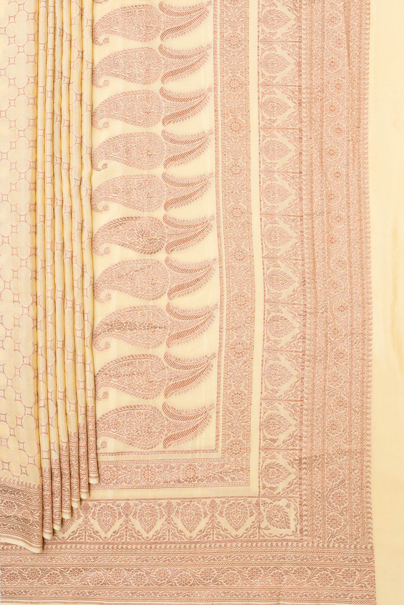 Pleats and pallu of Sandal Banarasi Georgette Saree with Zari Brocade on the body and Zari Border. 