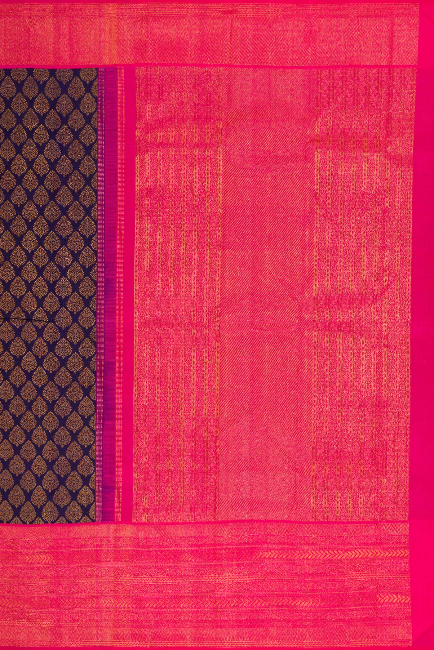 Close up image of the pallu of Navy Blue Dual Tone Kanchipuram Silk Saree with Zari Brocade on the body and Zari Border. 