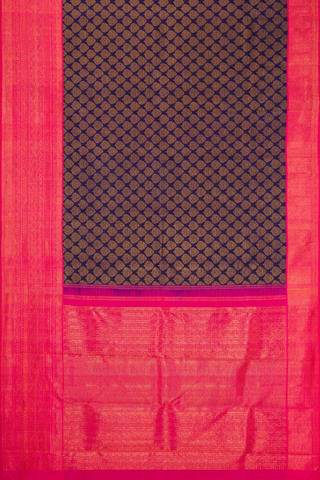 Flat view of Navy Blue Dual Tone Kanchipuram Silk Saree with Zari Brocade on the body and Zari Border. 