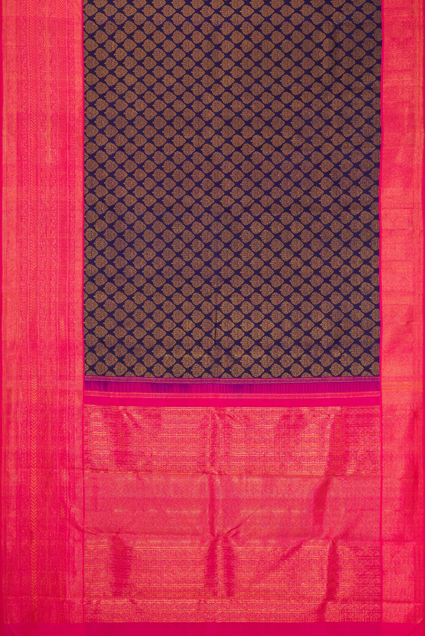 Flat view of Navy Blue Dual Tone Kanchipuram Silk Saree with Zari Brocade on the body and Zari Border. 