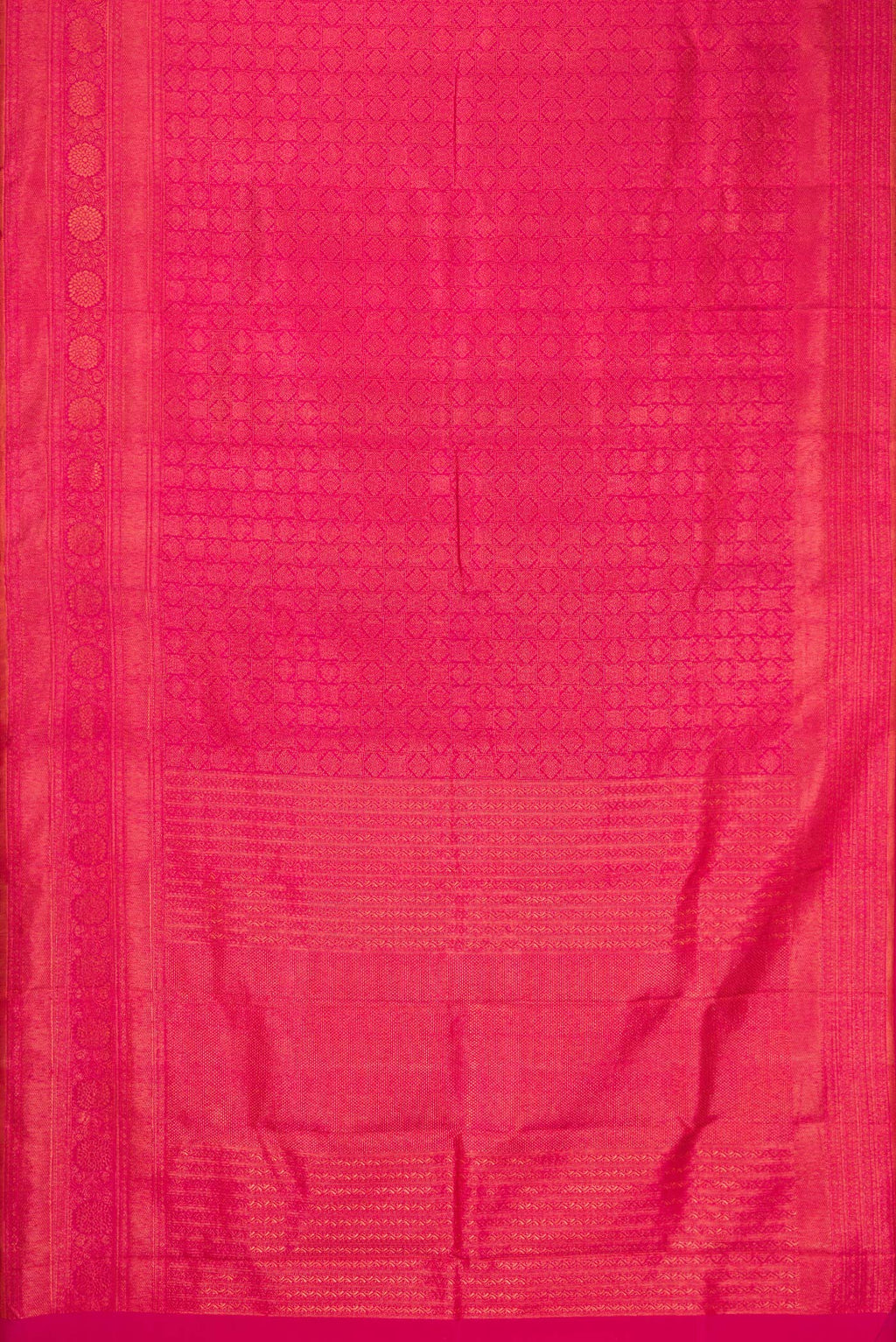 Flat view of Pink Dual Tone Kanjivaram Silk Saree with Zari Brocade on the body and Zari Border. 