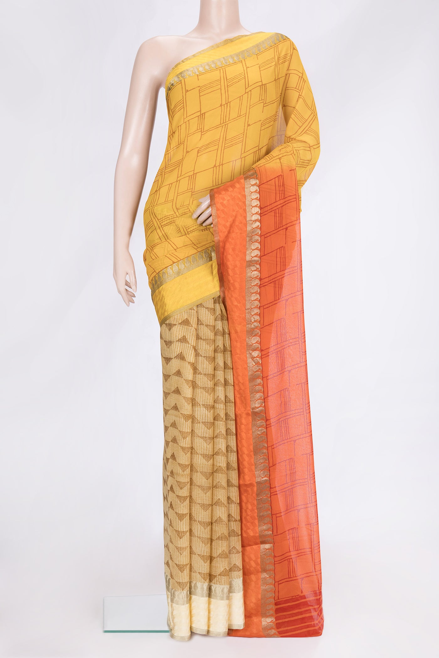 Yellow Dual Tone Mysore Georgette Saree with Printed design on the body and Zari And Thread Border.  displayed on a mannequin
