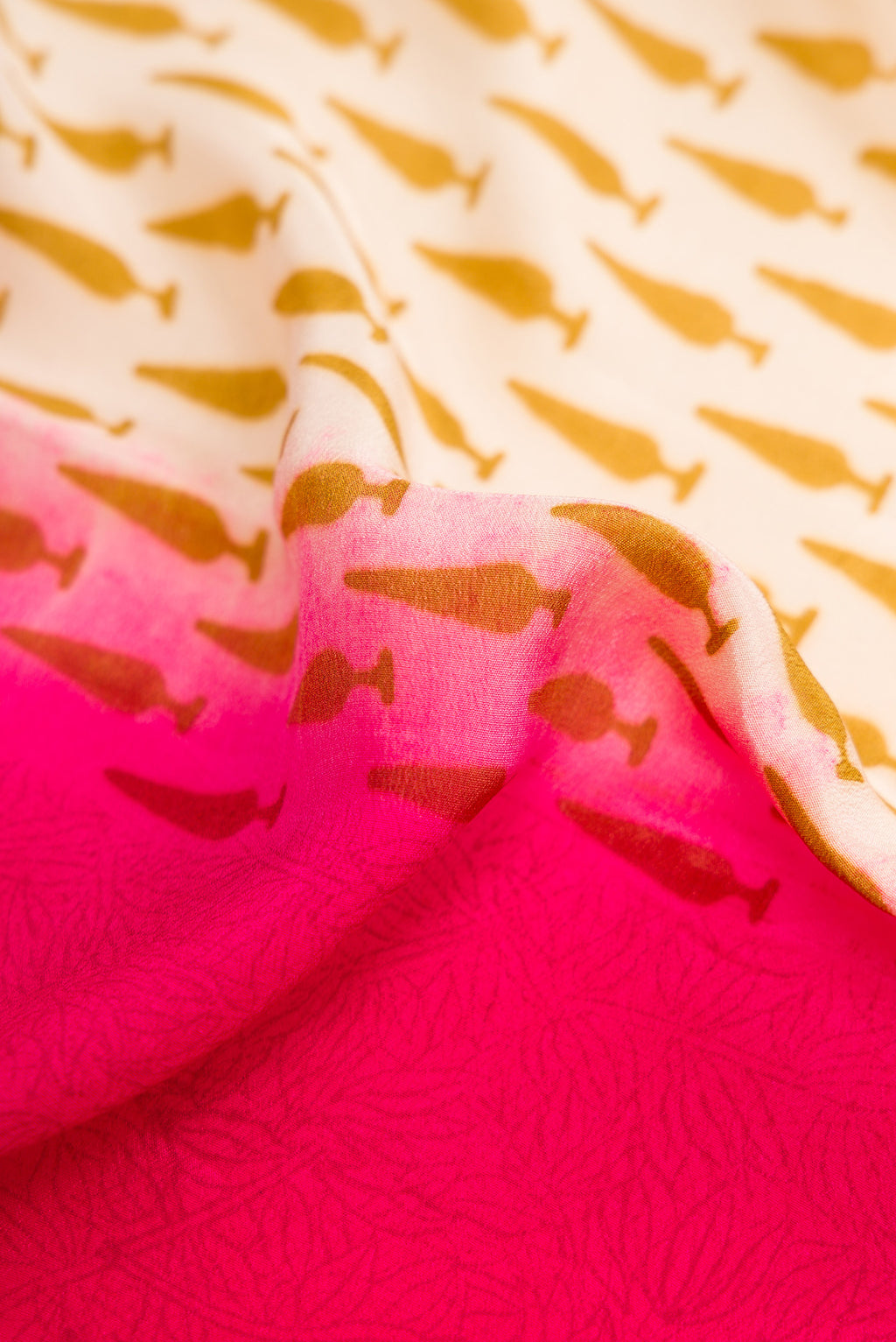 Close up of Sandal Dual Tone Mysore Crepe Saree with Printed design on the body and Plain Border.  displaying folds