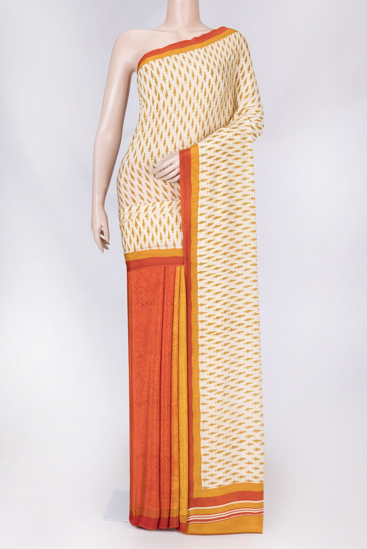 Beige Dual Tone Mysore Crepe Saree with Printed design on the body and Plain Border displayed on a mannequin