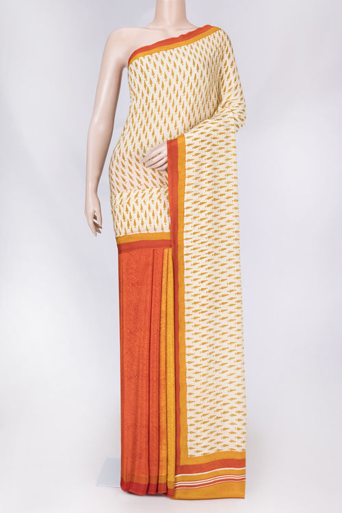 Beige Dual Tone Mysore Crepe Saree with Printed design on the body and Plain Border displayed on a mannequin