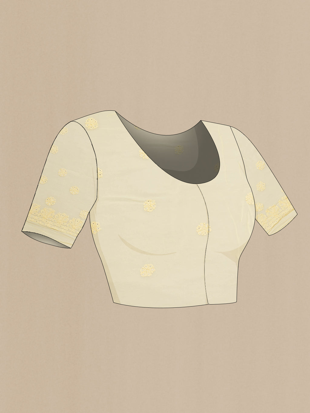 Close up image of the blouse of Yellow Georgette Saree with Embroidery on the body and Embroidery Border. 