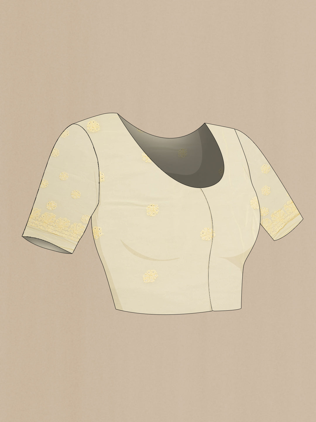 Close up image of the blouse of Yellow Georgette Saree with Embroidery on the body and Embroidery Border. 