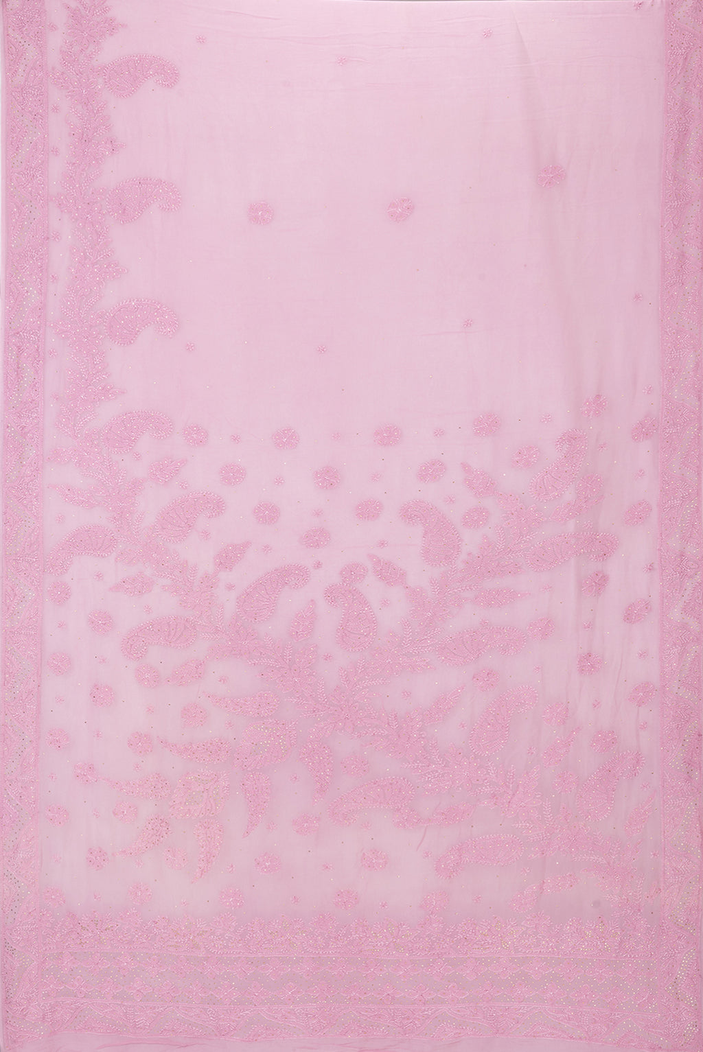 Flat view of Pink Dual Tone Georgette Saree with Embroidery on the body and Embroidery Border. 