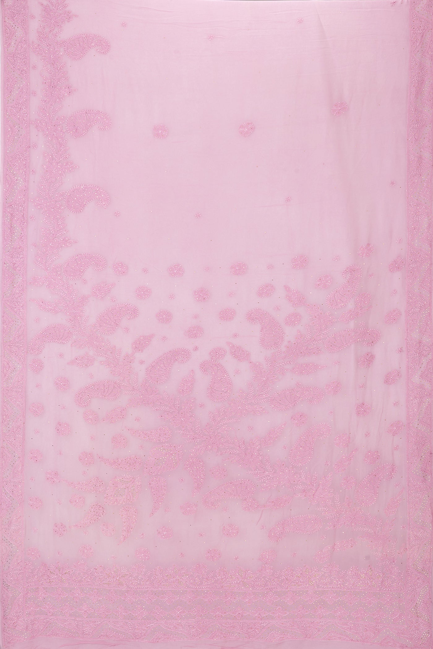Flat view of Pink Dual Tone Georgette Saree with Embroidery on the body and Embroidery Border. 
