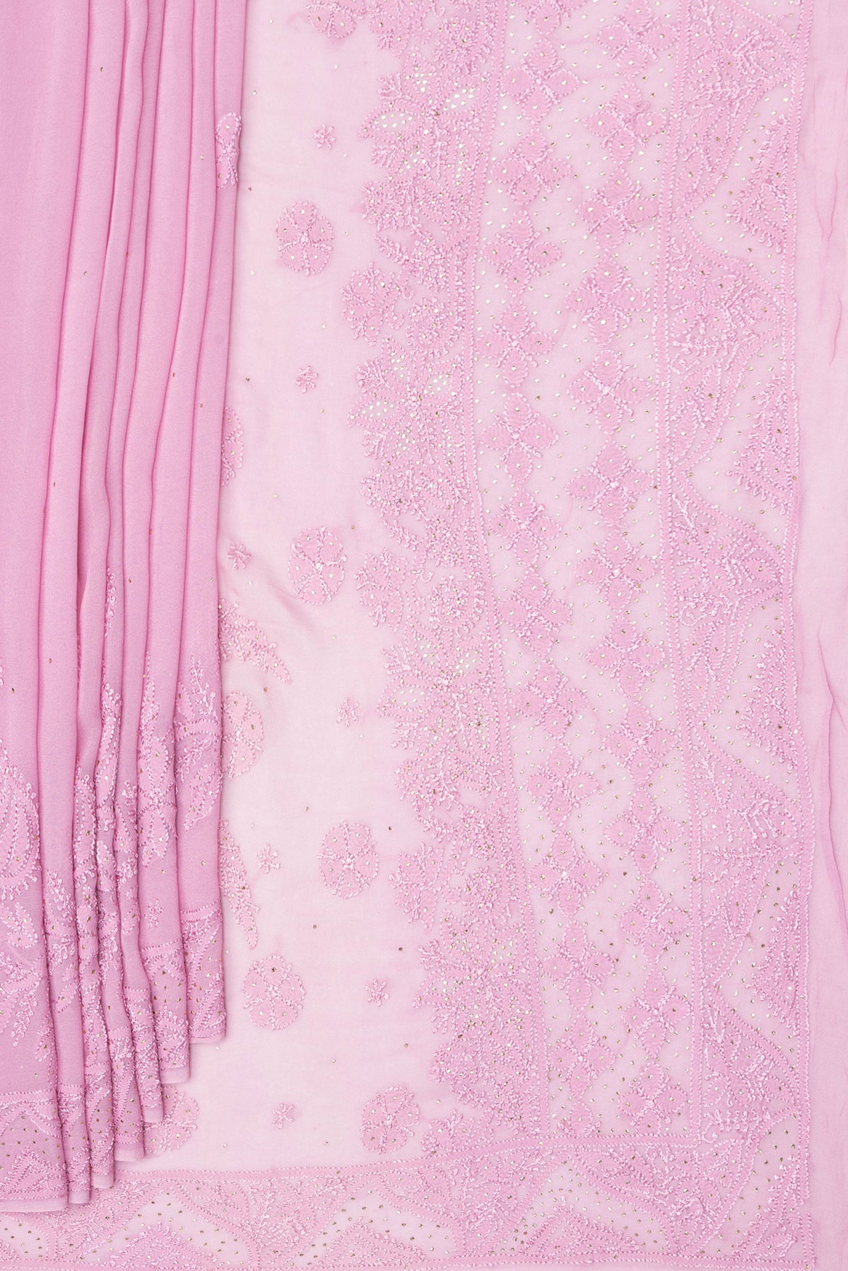 Pleats and pallu of Pink Dual Tone Georgette Saree with Embroidery on the body and Embroidery Border. 