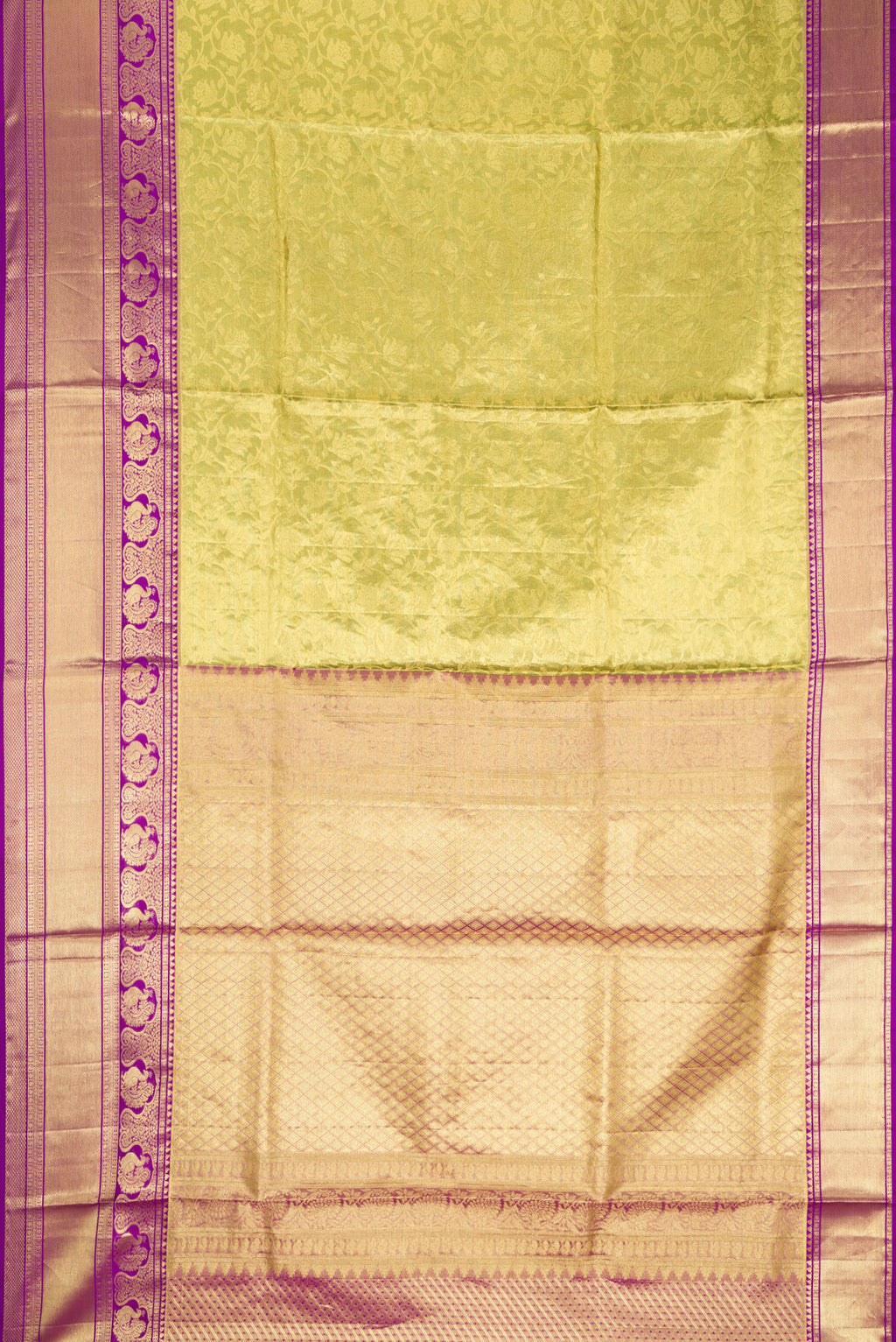 Flat view of Green Dual Tone Kanjivaram Tissue Silk Saree with Zari Brocade on the body and Zari Border. 