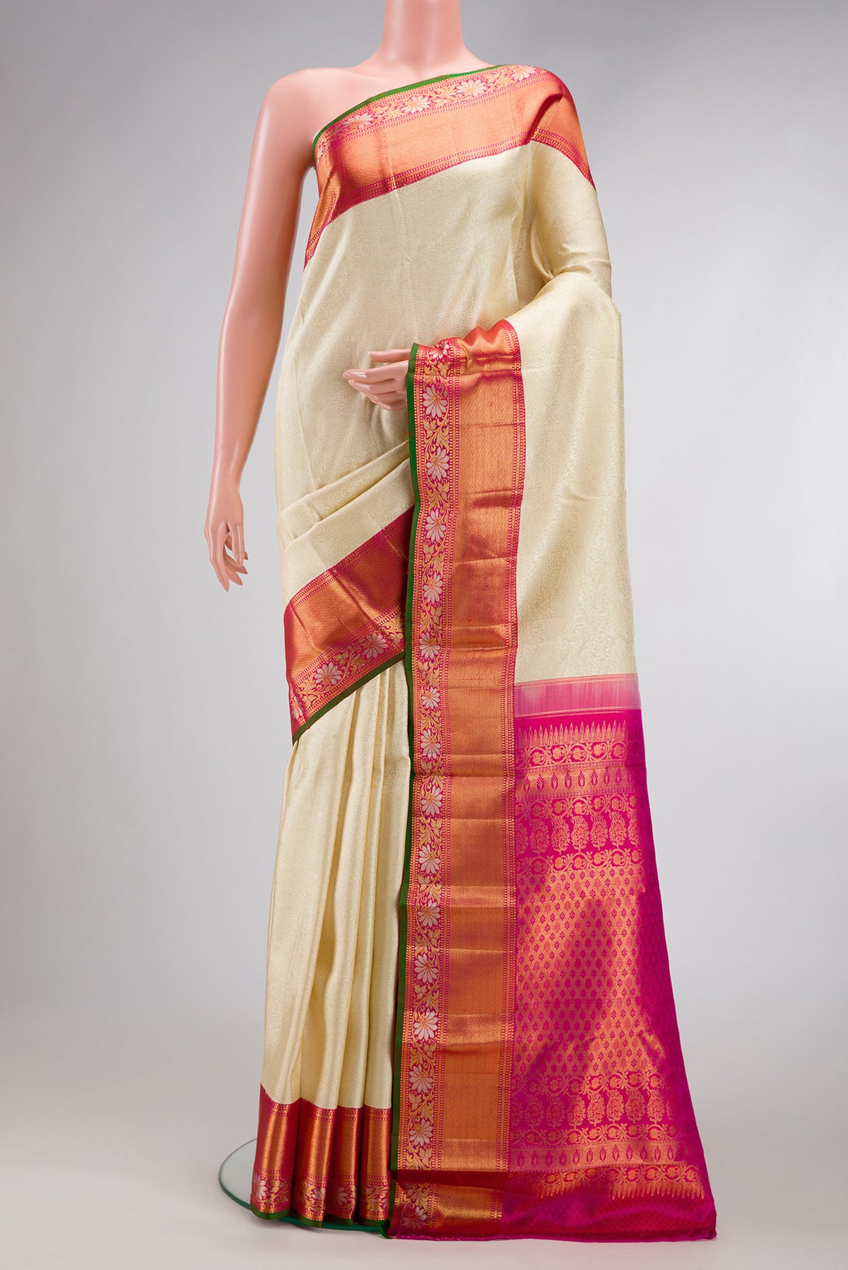 Sandal Dual Tone Kanchipuram Silk Saree with Zari Brocade on the body and Fancy Border.  displayed on a mannequin