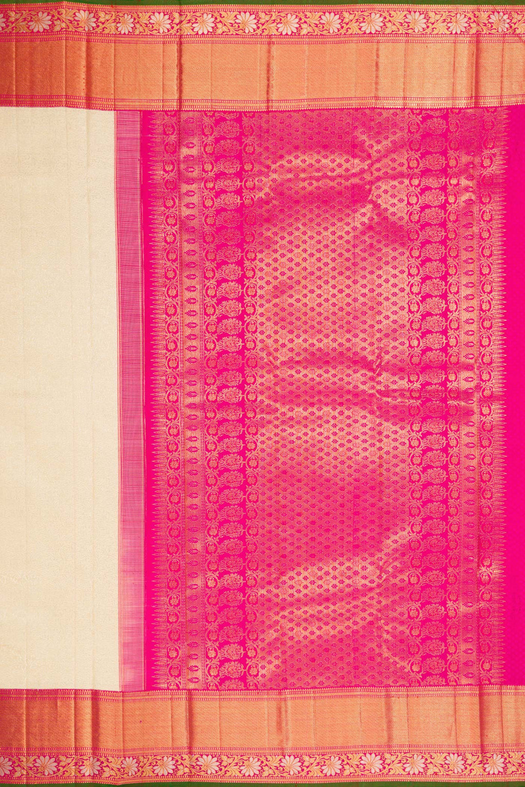 Close up image of the pallu of Sandal Dual Tone Kanchipuram Silk Saree with Zari Brocade on the body and Fancy Border. 
