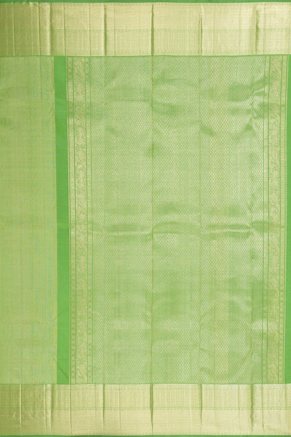 Close up image of the pallu of Pista Green Dual Tone Kanchipuram Silk Saree with Zari Brocade on the body and Zari Border. 