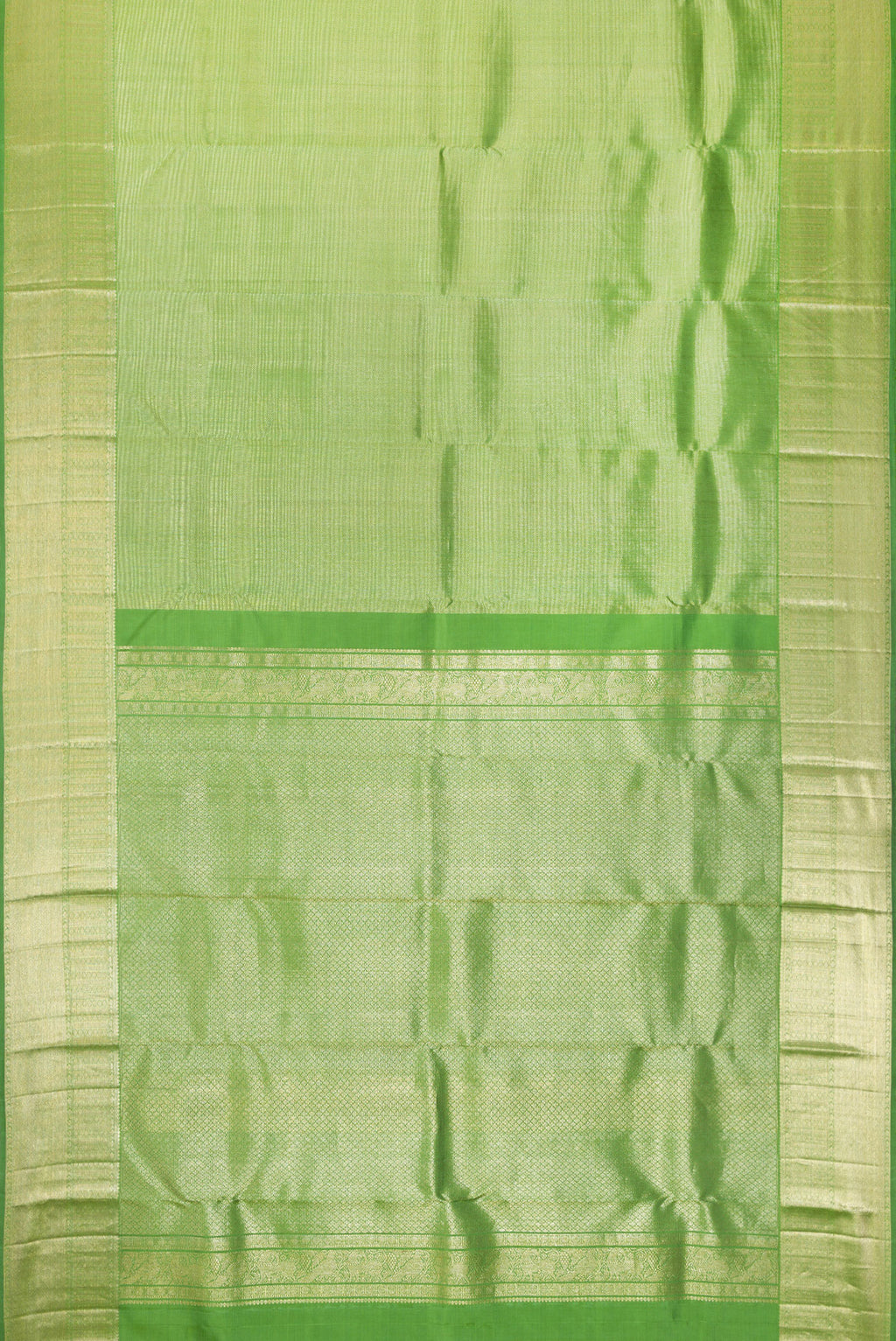 Flat view of Pista Green Dual Tone Kanchipuram Silk Saree with Zari Brocade on the body and Zari Border. 