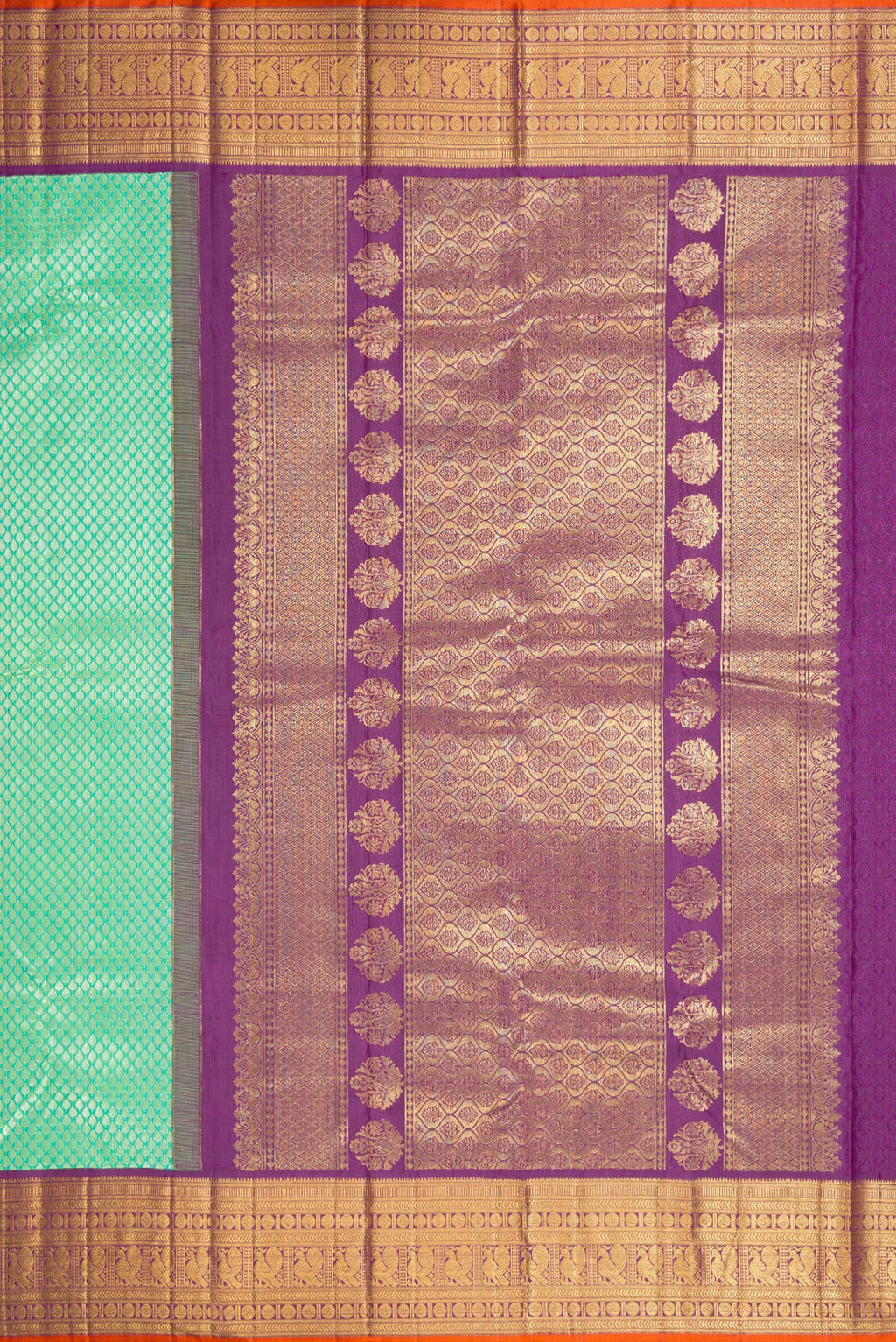 Close up image of the pallu of Sea Green Dual Tone Kanchipuram Silk Saree with Zari Brocade on the body and Zari Border. 