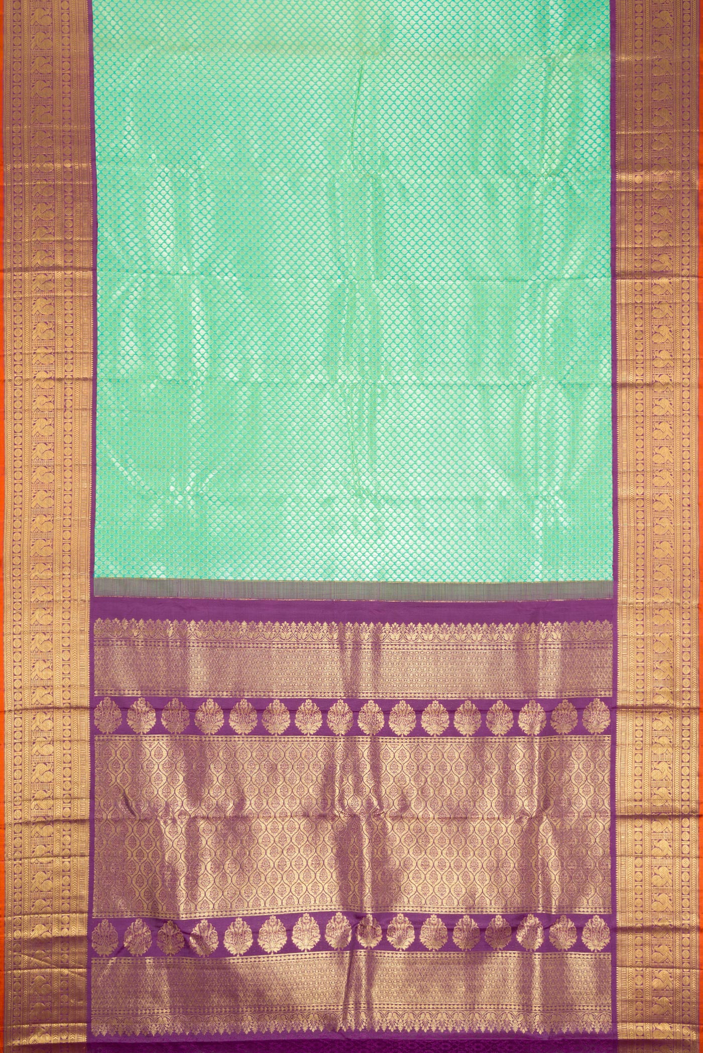 Flat view of Sea Green Dual Tone Kanchipuram Silk Saree with Zari Brocade on the body and Zari Border. 