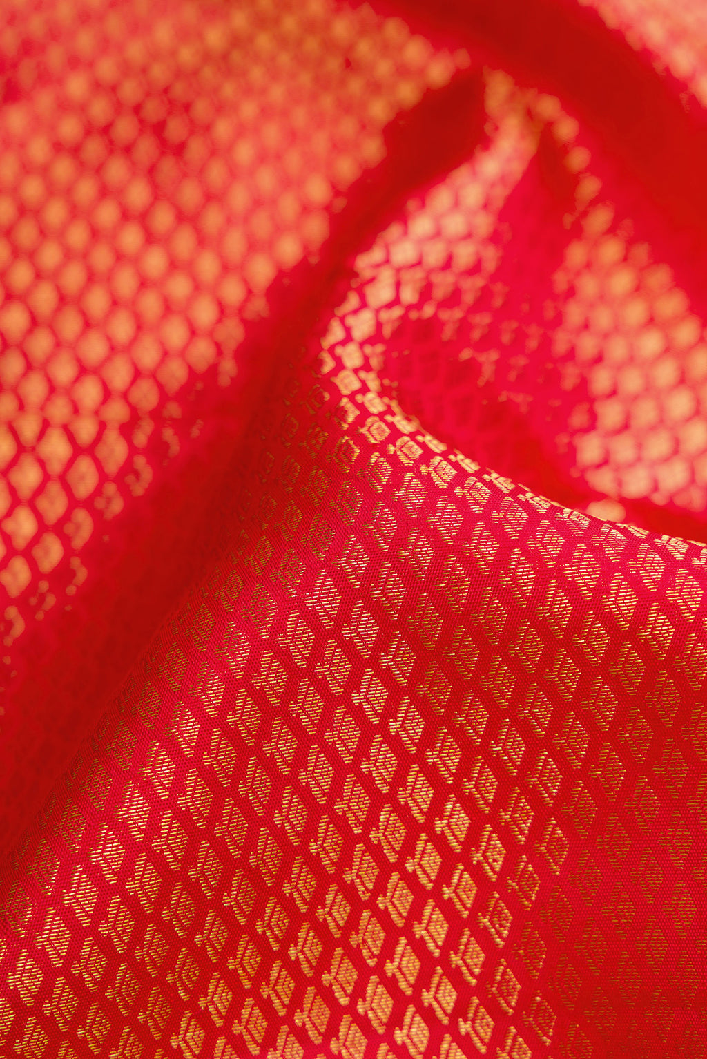 Close up of Red Dual Tone Kanchipuram Silk Saree with Zari Brocade on the body and Zari Border.  displaying folds