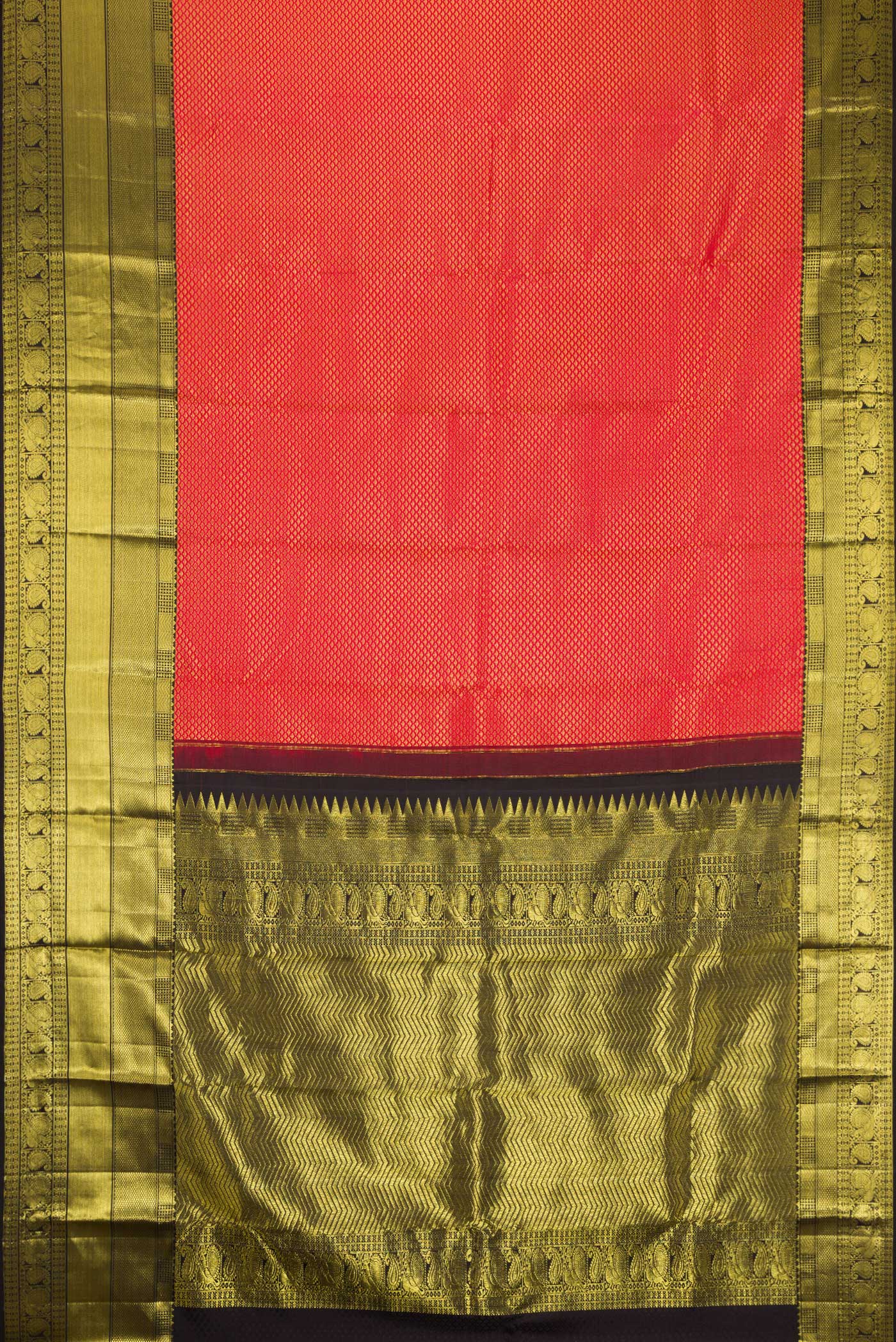 Flat view of Red Dual Tone Kanchipuram Silk Saree with Zari Brocade on the body and Zari Border. 