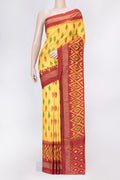 Yellow Dual Tone Double Ikat Saree with Ikat Print on the body and Zari Border displayed on a mannequin