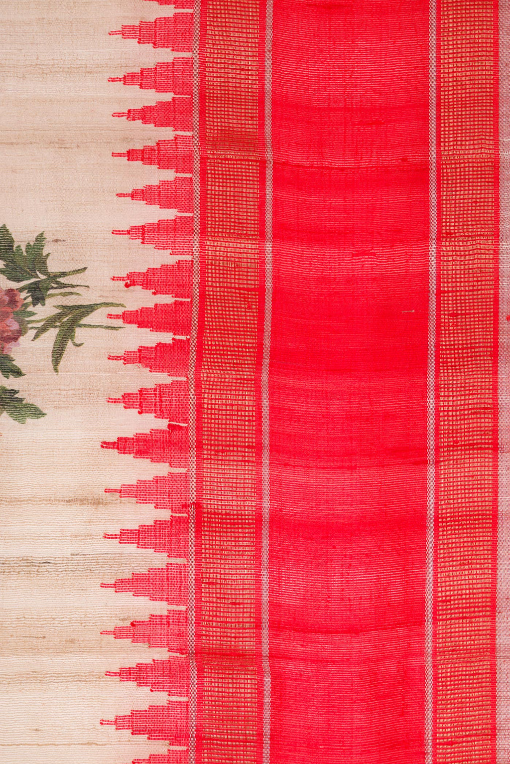 Border image of Beige Dual Tone Tussar Silk Saree with Printed design on the body and Temple Border. 